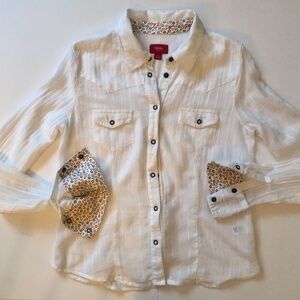 Western Style White Blouse with Multicolored Roll Up Cuff MED